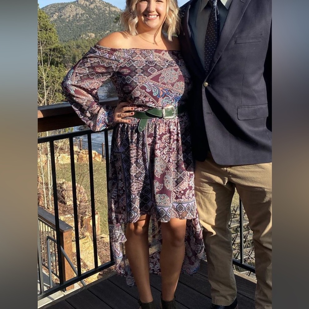 Hi Lo paisley off the shoulder dress